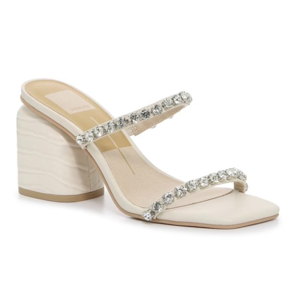 Dolce Vita Natie Slide Jewel Sandal Block Heel | Rhinestone Ivory Croc Print
